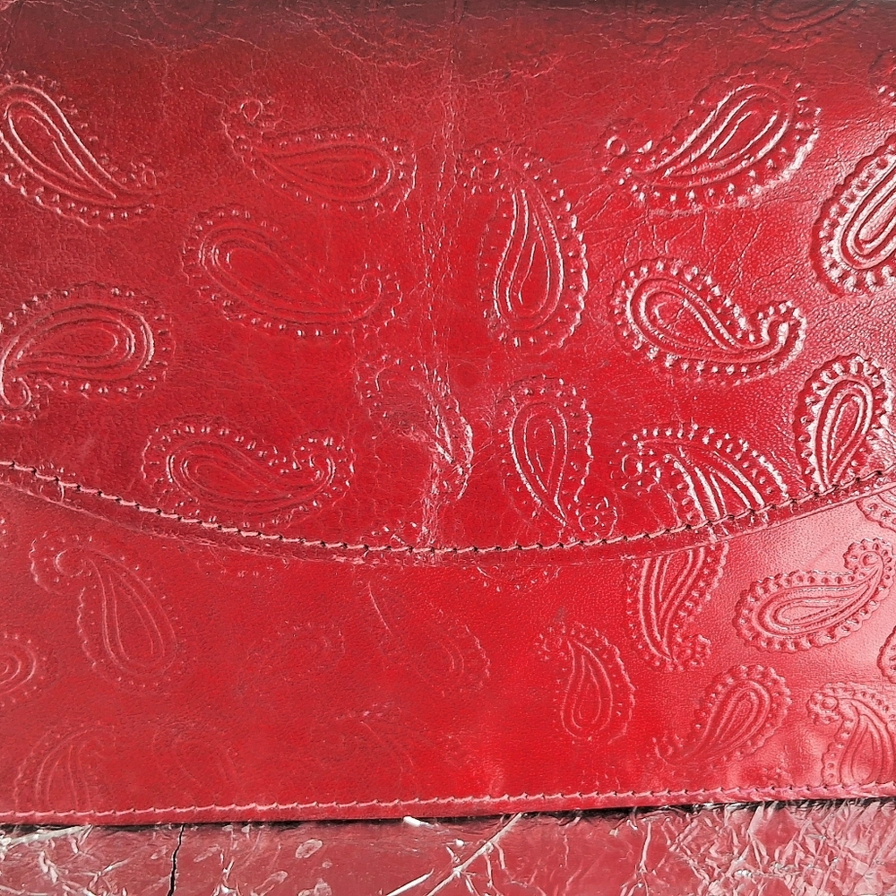 Red Hand-tooled Leather Clutch Wallet
